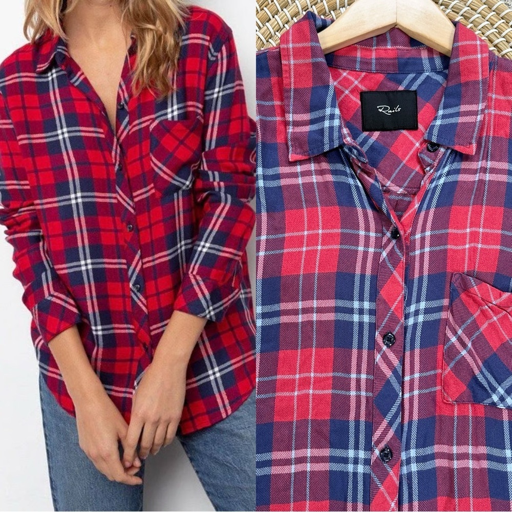 Rails Women’s Button Down Shirt Longsleeve in Plaid Hunter Coral Indigo Size L